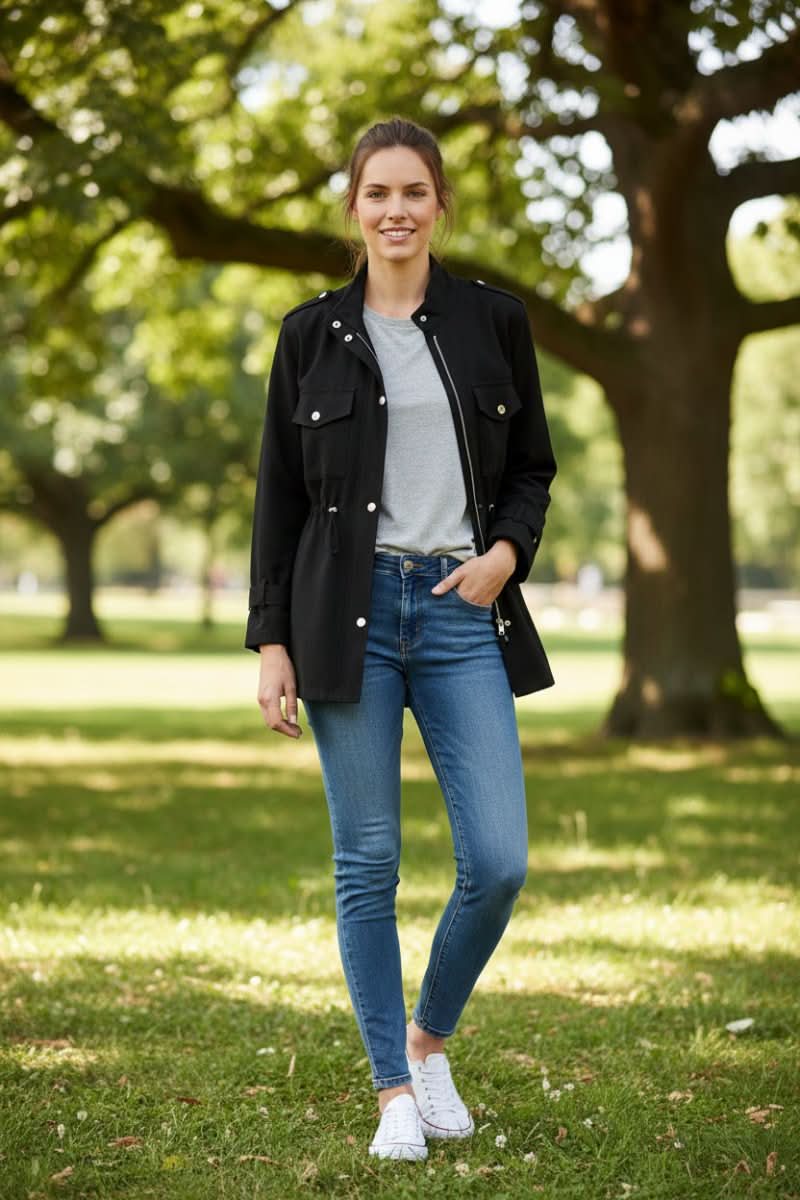 Modern women's utility jacket, perfect for street style. Features a rugged design & fashionable open back for versatile layering.