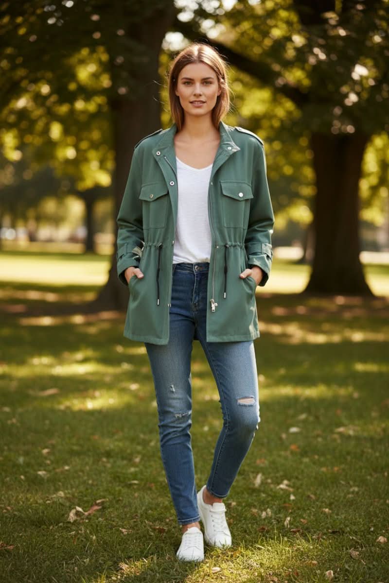 Pink women's rugged utility jacket with an open back. Modern fashion outerwear, ideal for casual chic and street style.