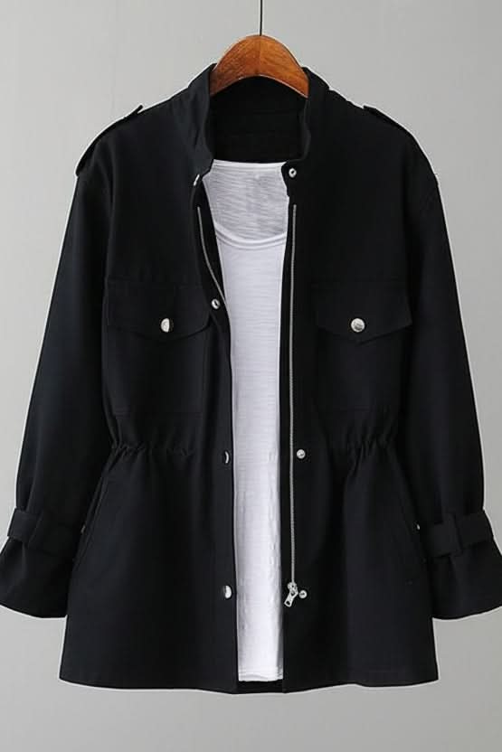 White women's rugged open back utility jacket. A modern statement piece for street style and versatile layering.