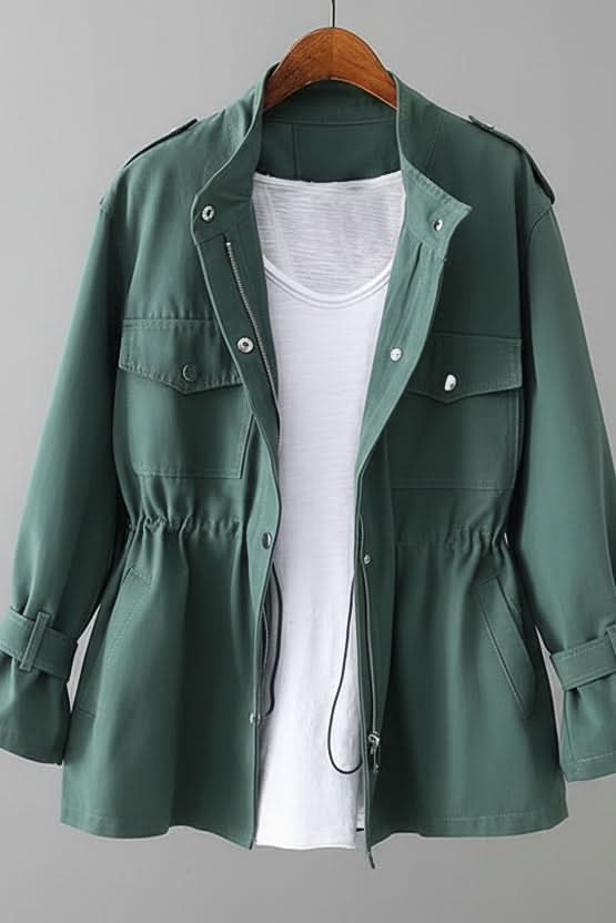 Versatile women's rugged utility jacket featuring a modern open back. Perfect for layering and casual chic street style.