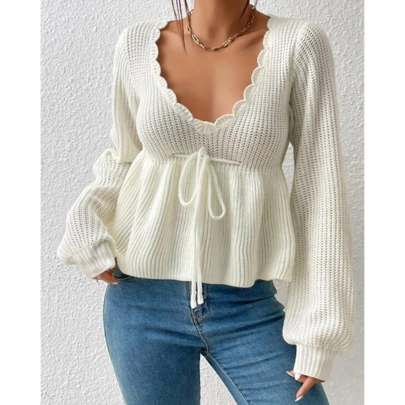 Women's scallop knit tie-front top. Cream, long sleeve, and lightweight for summer fashion.