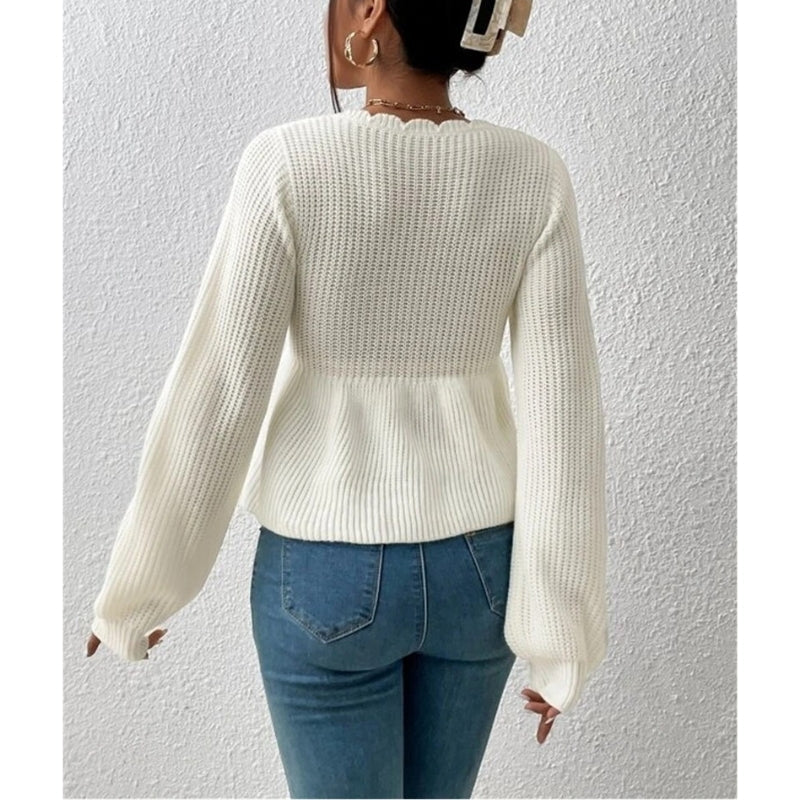 Feminine scallop neck tie-front knit top for women. Versatile, casual long sleeve blouse.