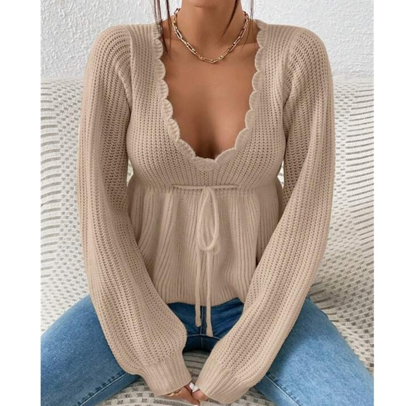 Women's tie-front knit top, scallop neck. Long sleeve, casual, and lightweight for versatile summer wear.