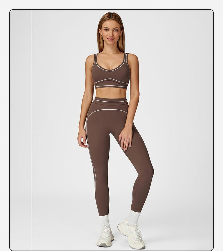 Side view of model displaying the high-waisted sculpting leggings and sports bra for women's sports