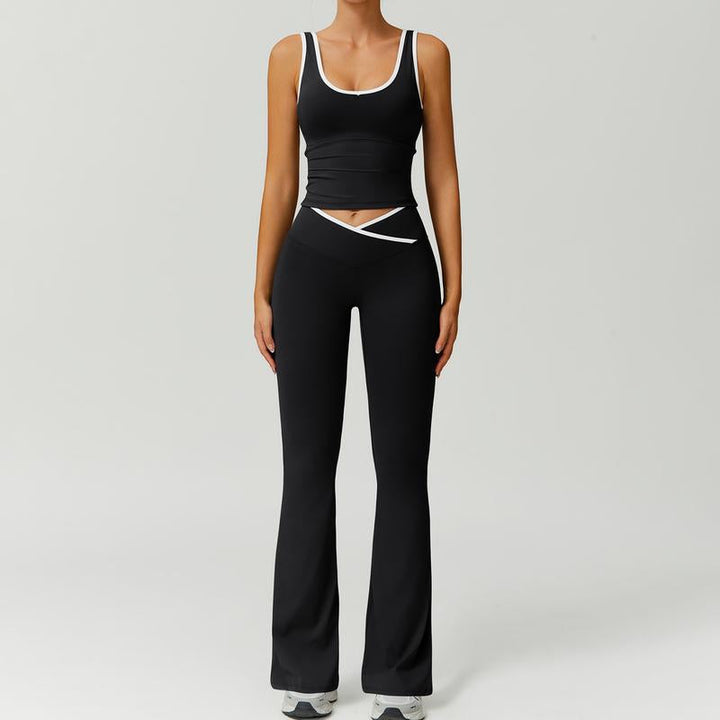 Athleisure two-piece set for women featuring a supportive sports bra and high-waisted capri leggings