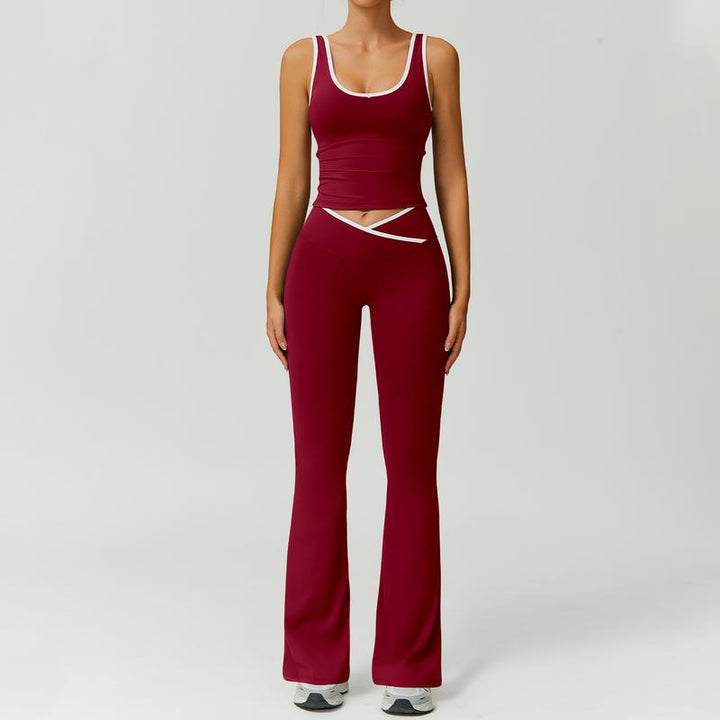Stylish women's activewear set, including a moisture-wicking sports bra and capri leggings, perfect for fitness