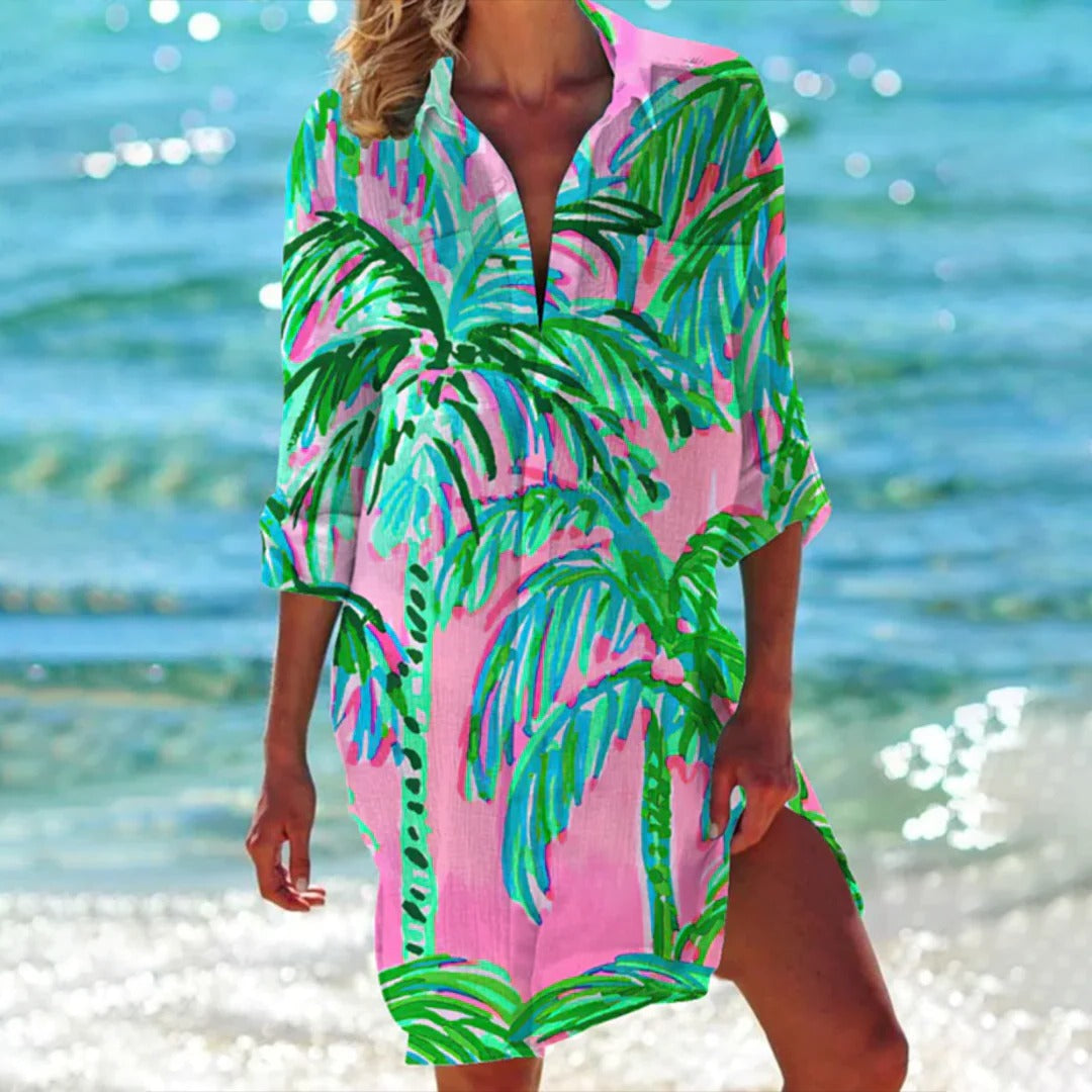Button-down women's beach cover up shirt dress, 3/4 sleeves, elegant seashell print.