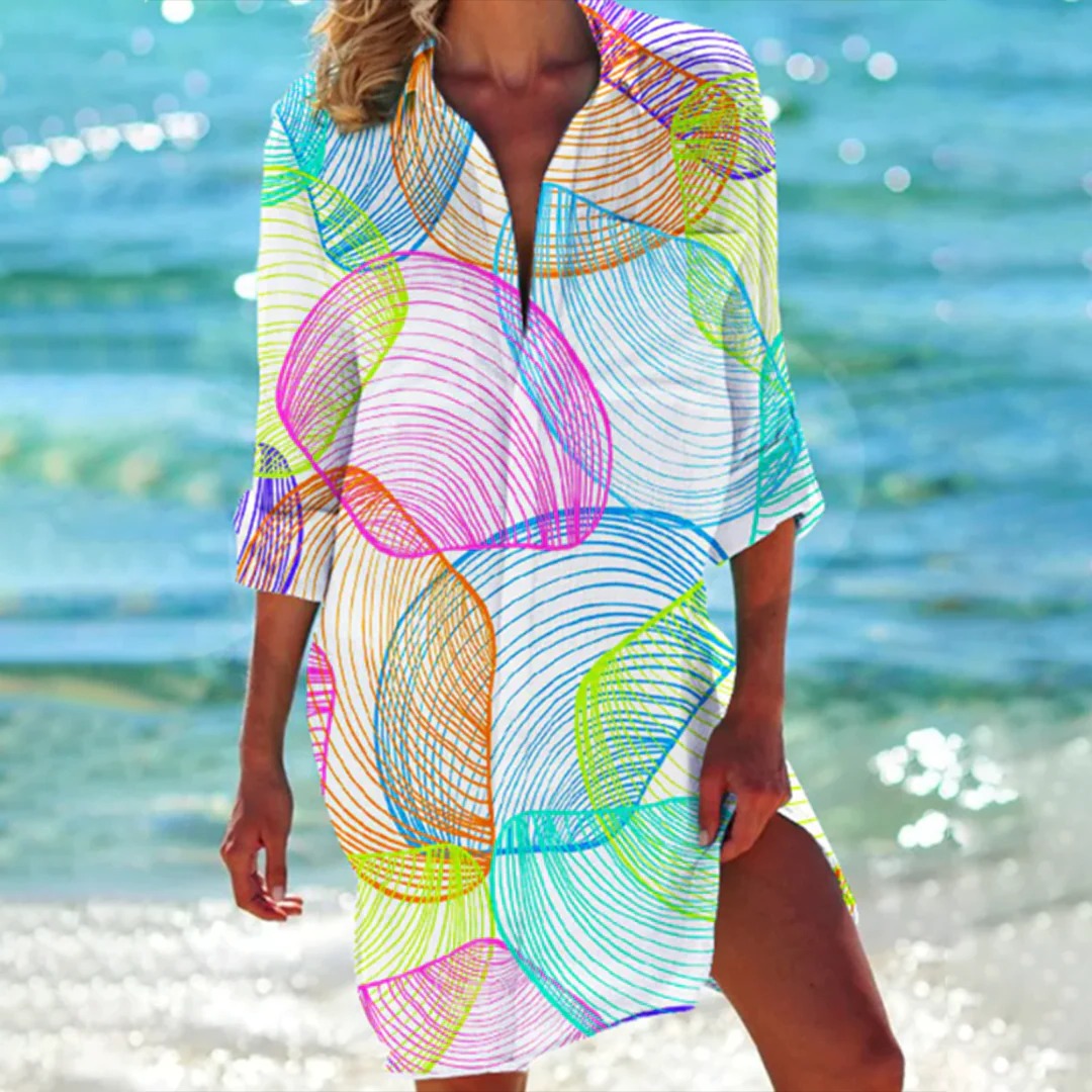 Women's seashell print beach cover up shirt dress, 3/4 sleeves, ideal for resort wear.