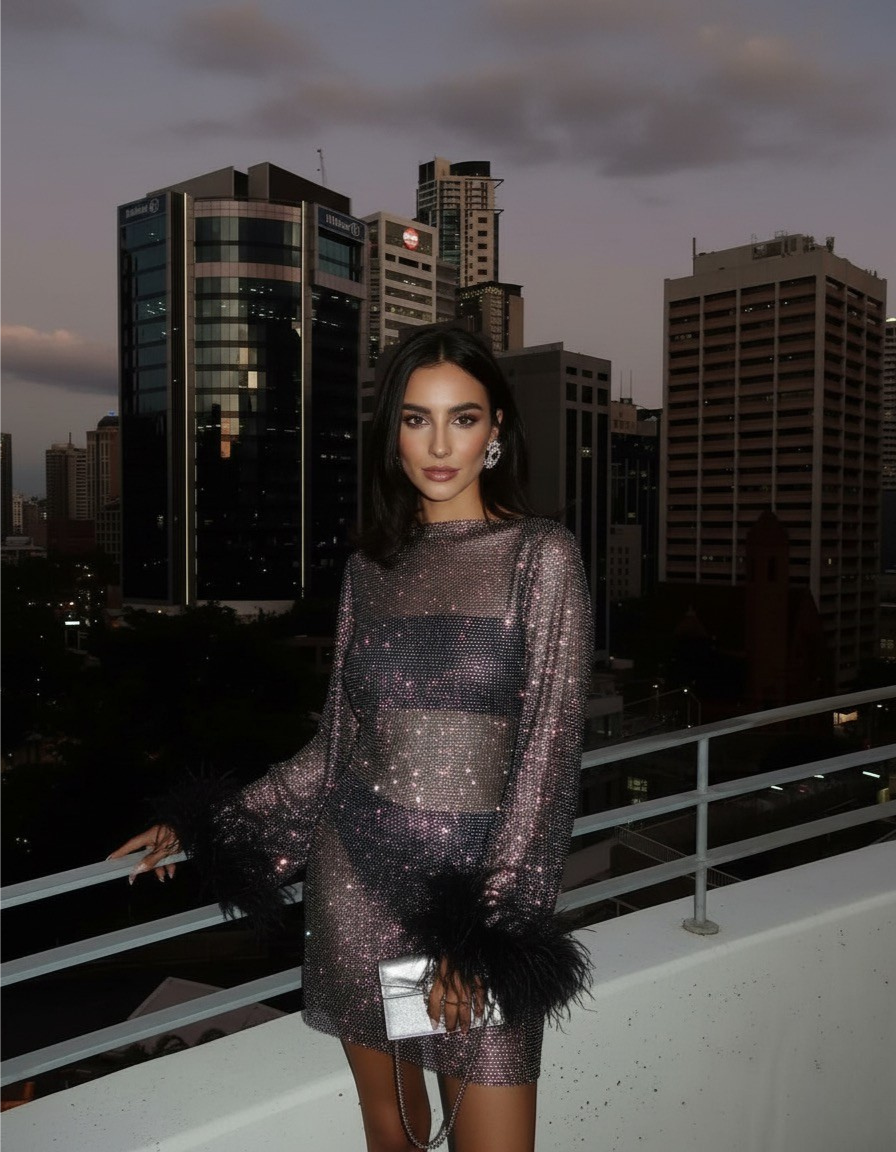 Glamorous women's sequin mini cocktail dress with luxurious feather cuffs, a dazzling party statement.