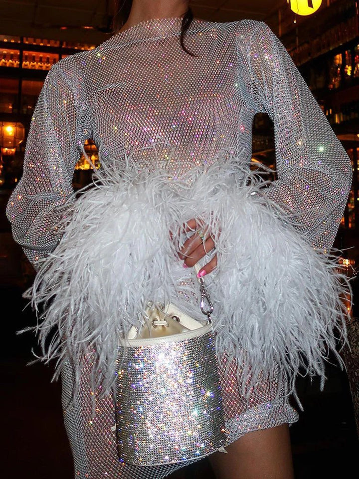 Stunning women's sequin & sheer mini party dress with feather-trimmed cuffs, an eye-catching evening outfit.