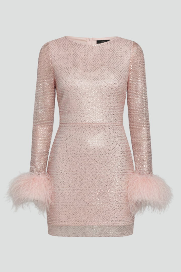 Women's shimmering long sleeve mini party dress with a round neck, perfect for special occasions & celebrations.