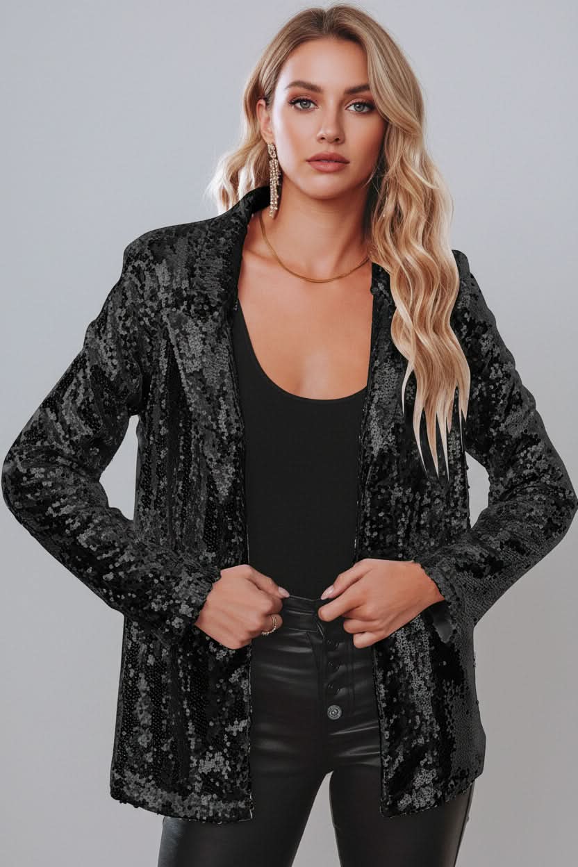 Fashion-forward women's sequin blazer, ideal for a glamorous and chic evening look.