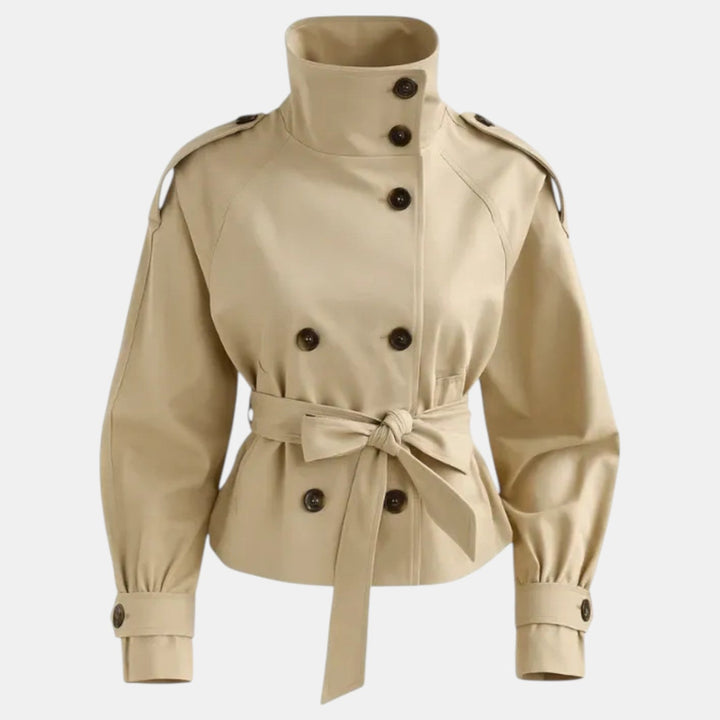 Women's short trench coat with adjustable belt; lightweight, versatile outerwear for spring and fall fashion.
