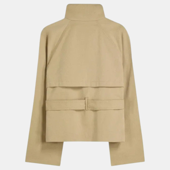 Classic women's short trench coat, perfect as a lightweight jacket for casual wear or work outerwear. Features adjustable belt.