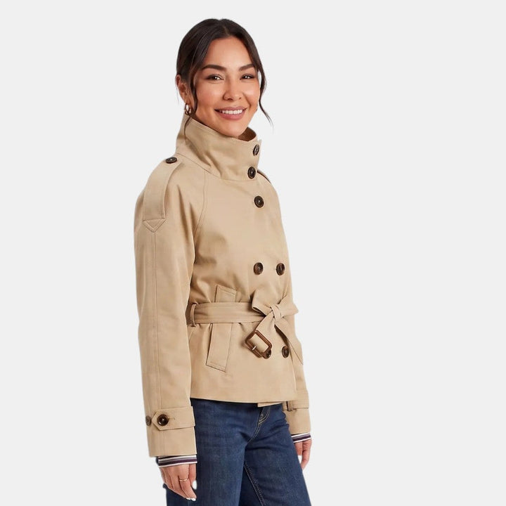 Women's short trench coat for versatile fashion. Classic style, lightweight design with adjustable belt. Perfect for any season.