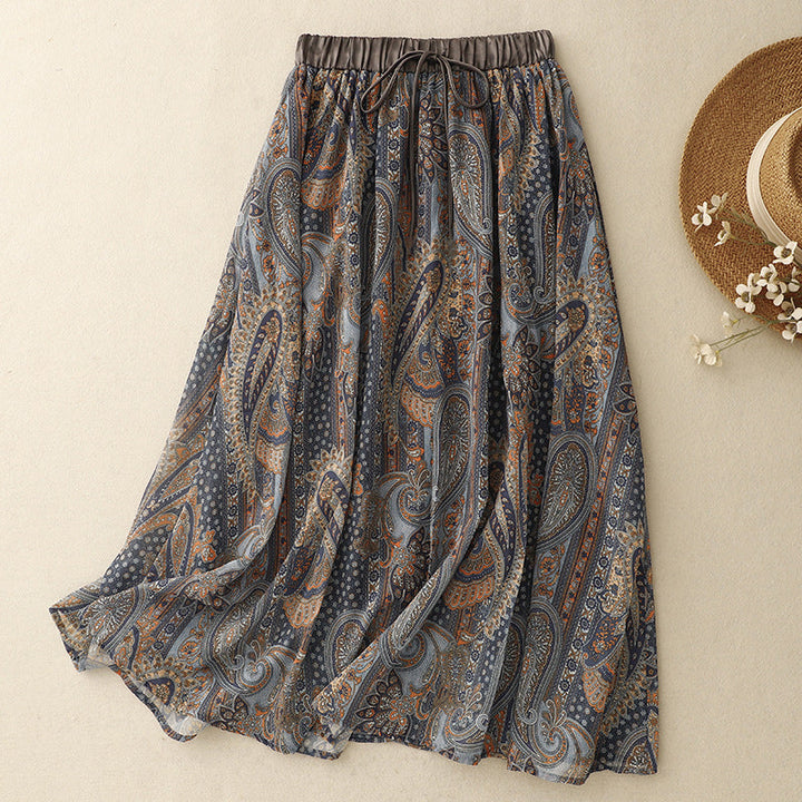 Women's Siena A-line skirt in a comfortable linen blend, featuring an elegant paisley pattern, front view