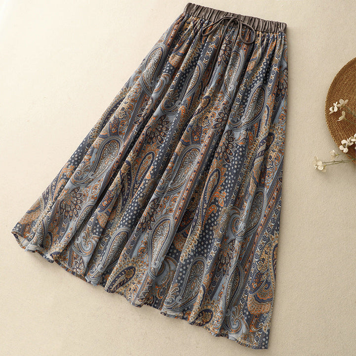 Versatile women's paisley linen blend A-line skirt, perfect for summer casual or elegant wear, back view