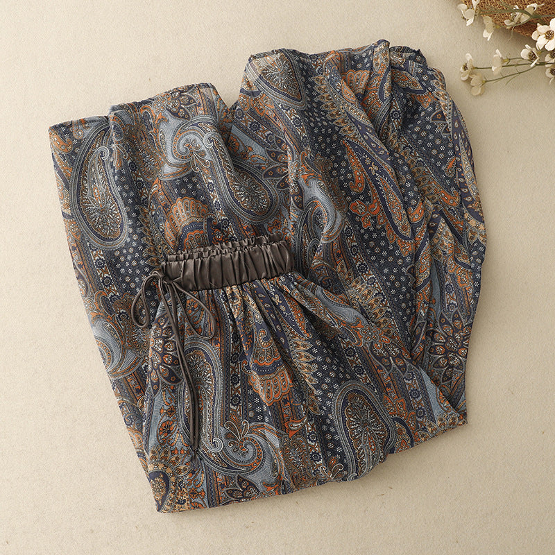Detail of the comfortable linen blend fabric and intricate paisley pattern on the Siena A-line skirt