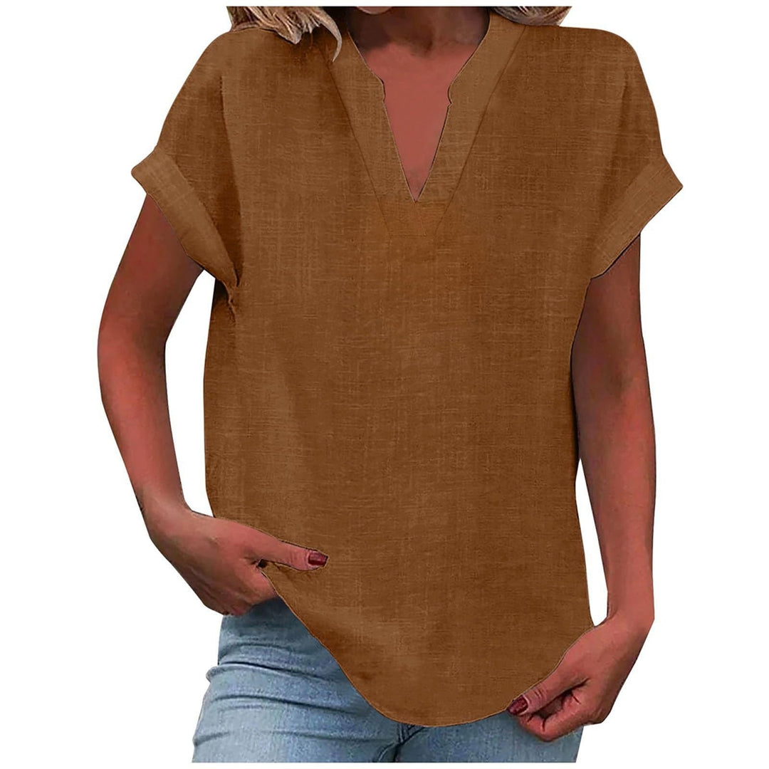 Women's relaxed fit Sienna V-Neck short sleeve blouse, elegant & versatile for work or casual days.