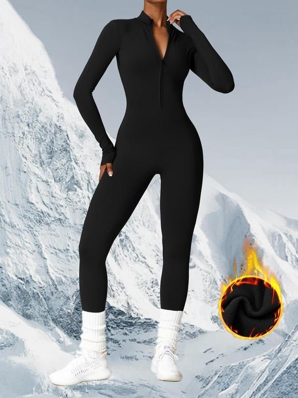 Chic black half-zip stretch knit bodysuit for women, highlighting modern casual fashion