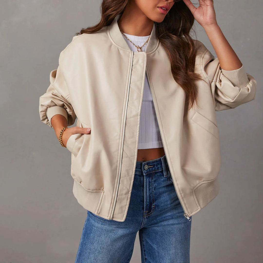 Stylish women's brown bomber jacket with a sleek design, ideal for modern casual and versatile outerwear.