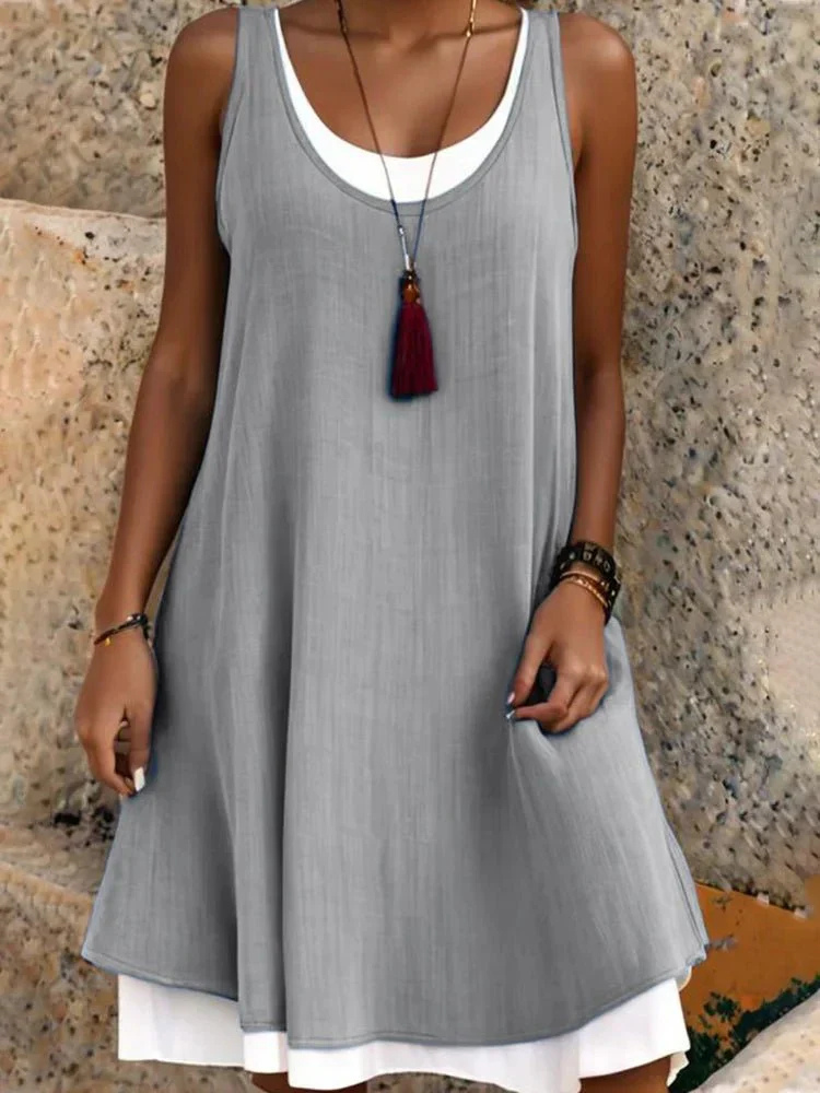 Elegant women's sleeveless scoop-neck A-line dress featuring a unique two-layer design for a stylish layered look.