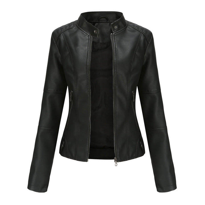 Women's slim-fit faux leather biker jacket in classic black, perfect for edgy fashion.