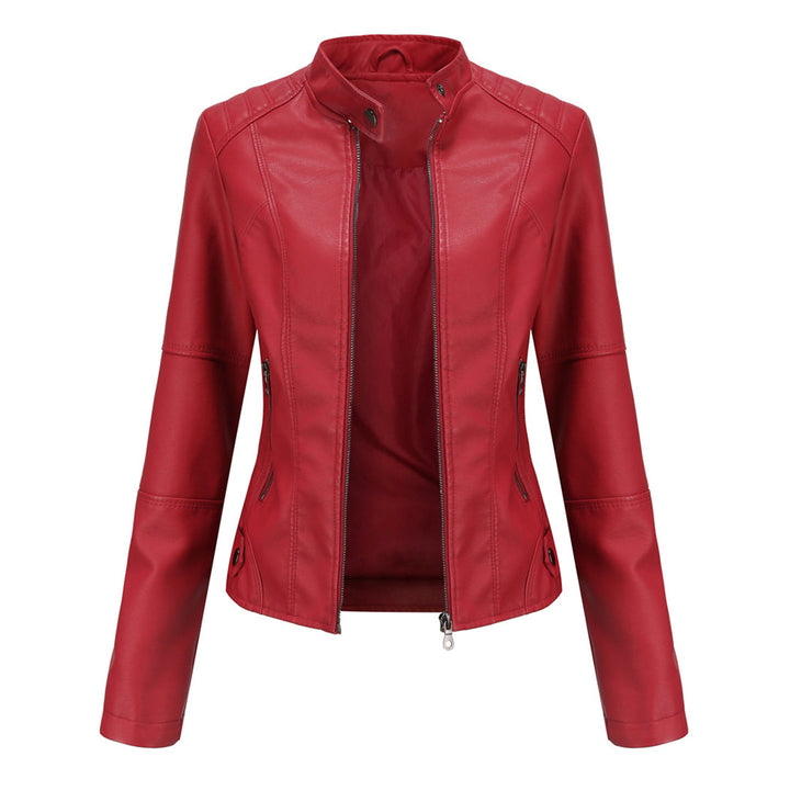 Chic women's motorcycle jacket, slim-fit faux leather with silver hardware, versatile outerwear.