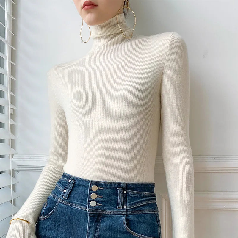 Chic women's slim fit turtleneck sweater, a versatile long sleeve knitwear piece for effortless fall style.