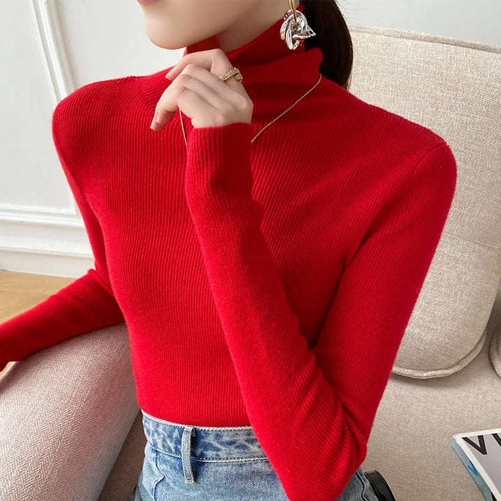 Elegant women's slim fit turtleneck sweater, essential fall & winter layering for cozy, chic looks.
