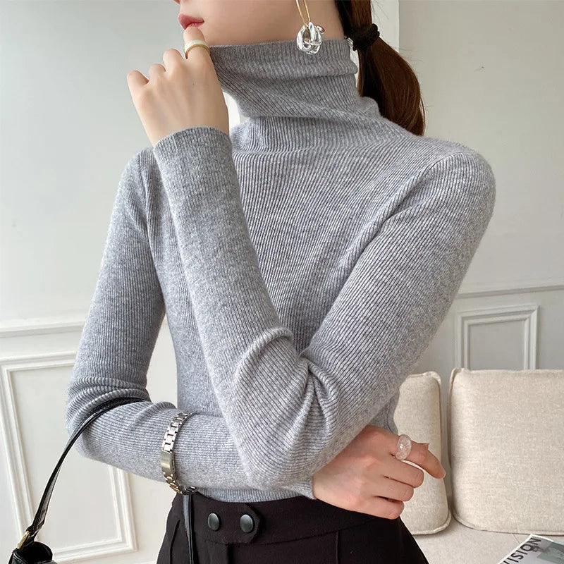 Cozy & elegant women's slim fit turtleneck sweater, perfect for effortless fall fashion and winter layering.