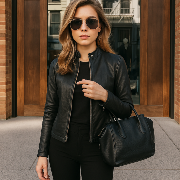 Casual chic women's slim fit zip-up long sleeve jacket with mandarin collar, versatile outerwear.