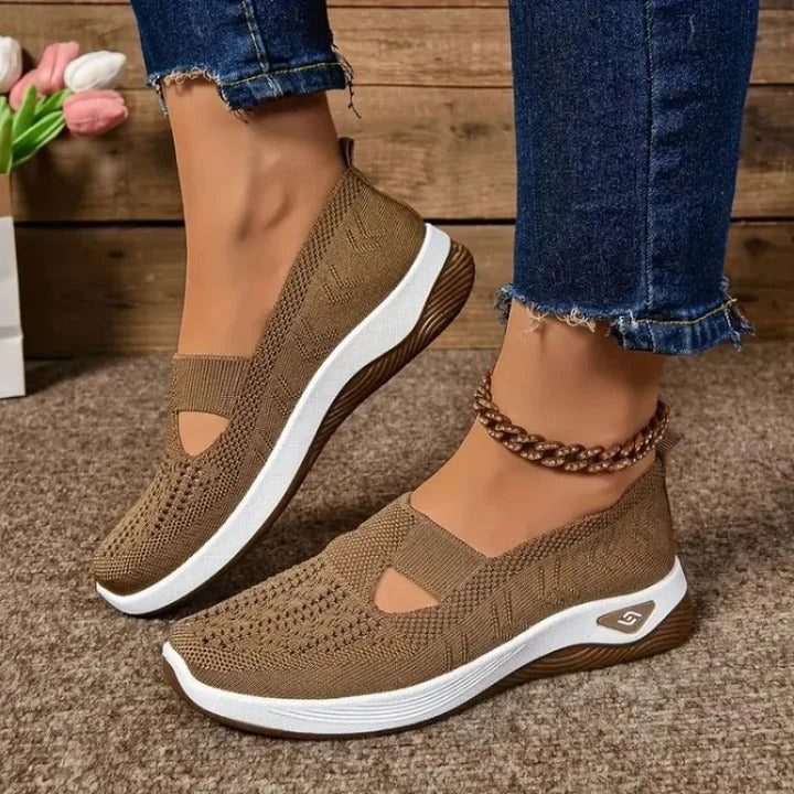 Close-up of women's slip-on comfort walking shoes, highlighting the flexible and breathable upper.