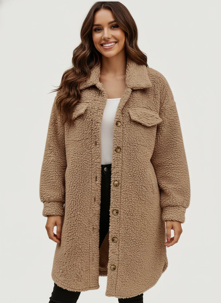 Khaki women's oversized button-down shirt jacket. Soft shacket, ideal for casual everyday wear & winter.