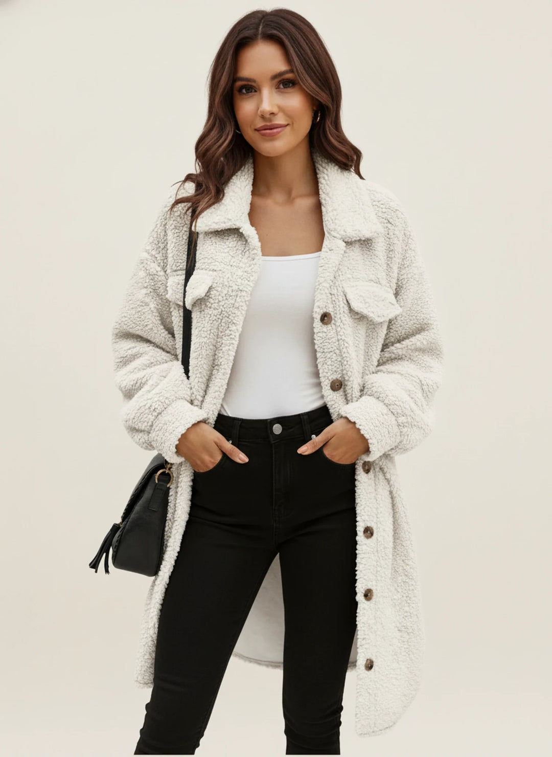 Casual women's button-down shirt jacket (shacket). Oversized design, great for everyday wear & street style.