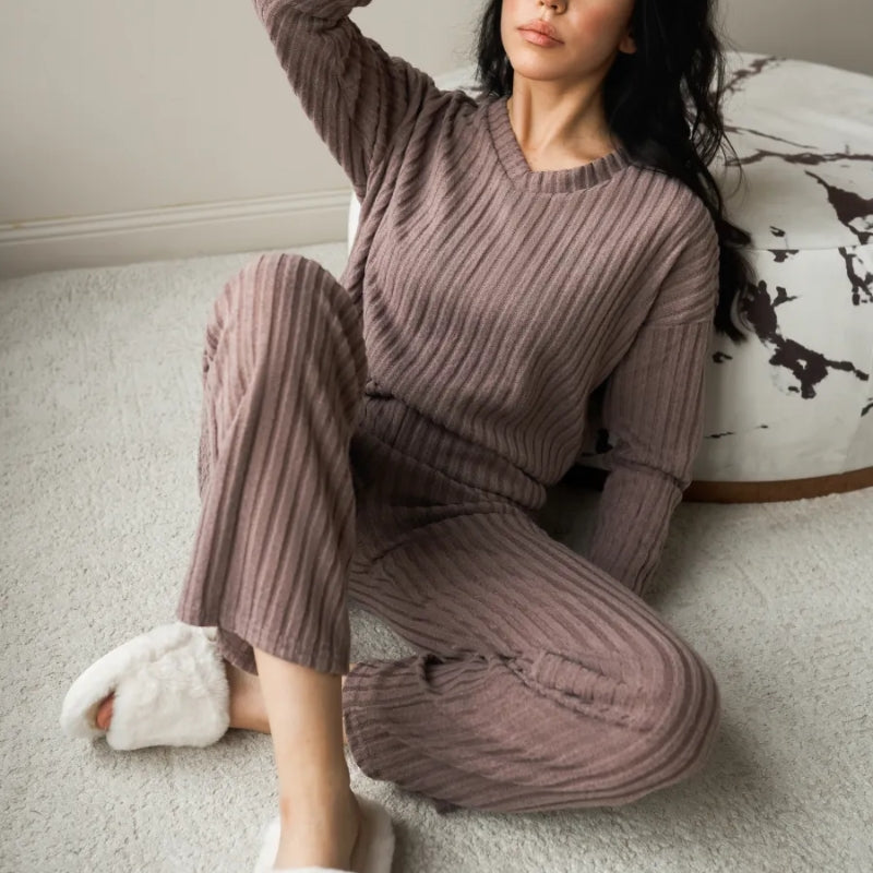 Beige stretch knit loungewear set for women, featuring a textured and cozy two-piece design for ultimate comfort.