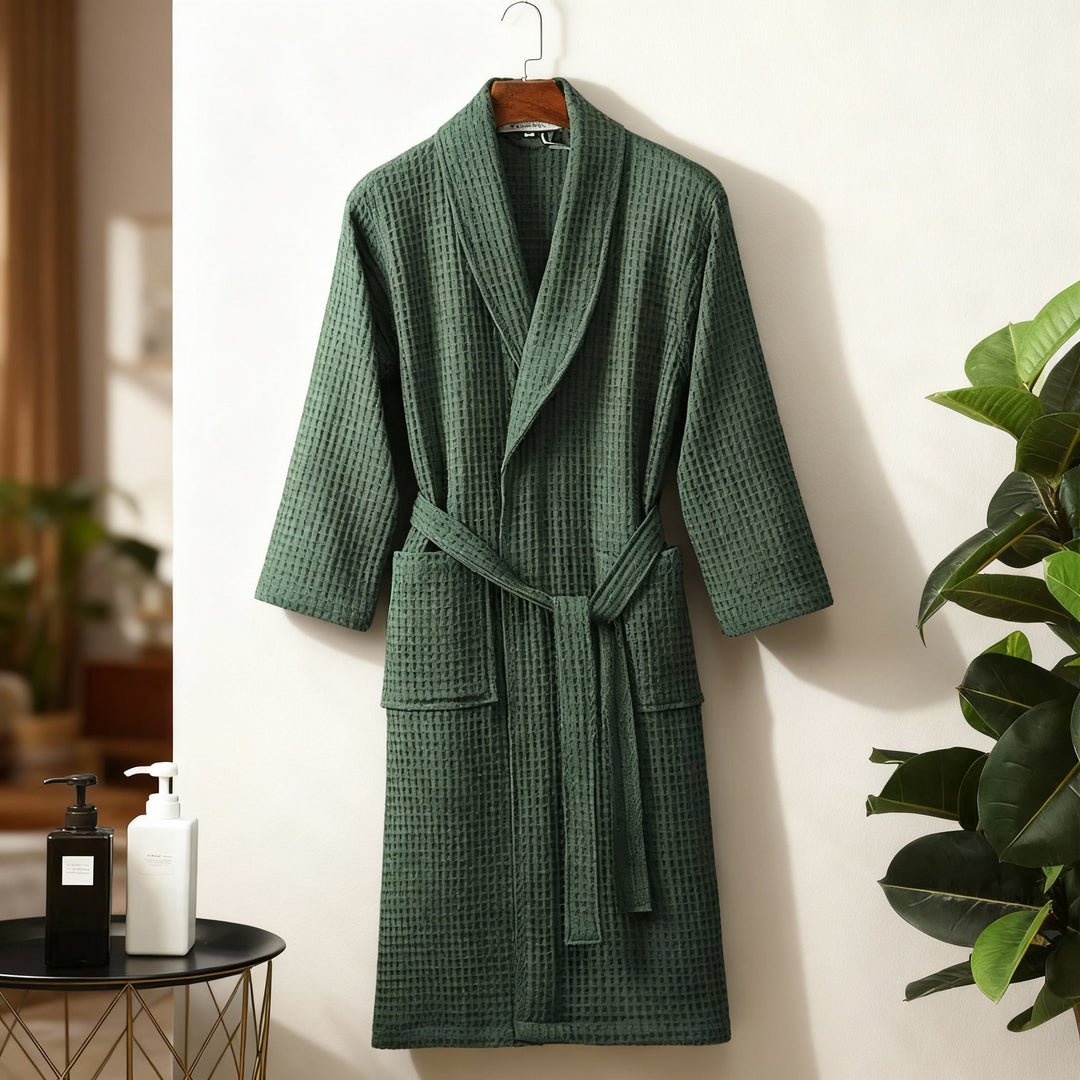 Close-up of the delicate waffle texture on a lightweight women's robe, emphasizing softness.