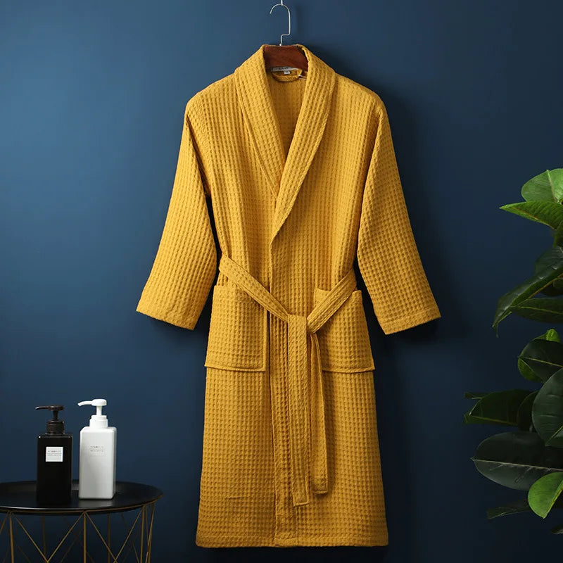 Relaxed fit waffle lounge robe for women, offering soft, breathable comfort for spring evenings.