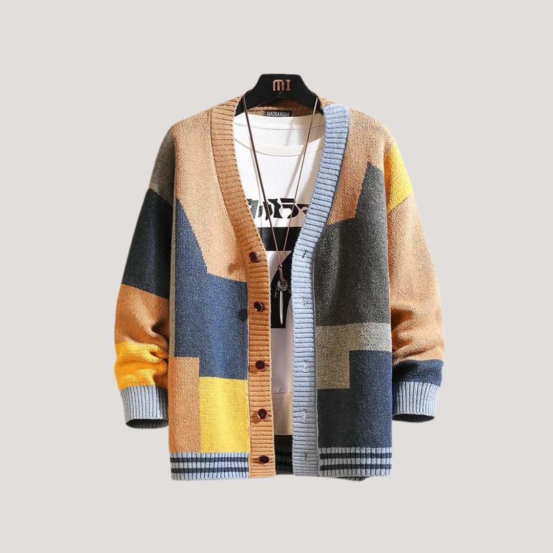 Women's spring colorblock button-front knit cardigan, perfect for casual layering with a crew neck.