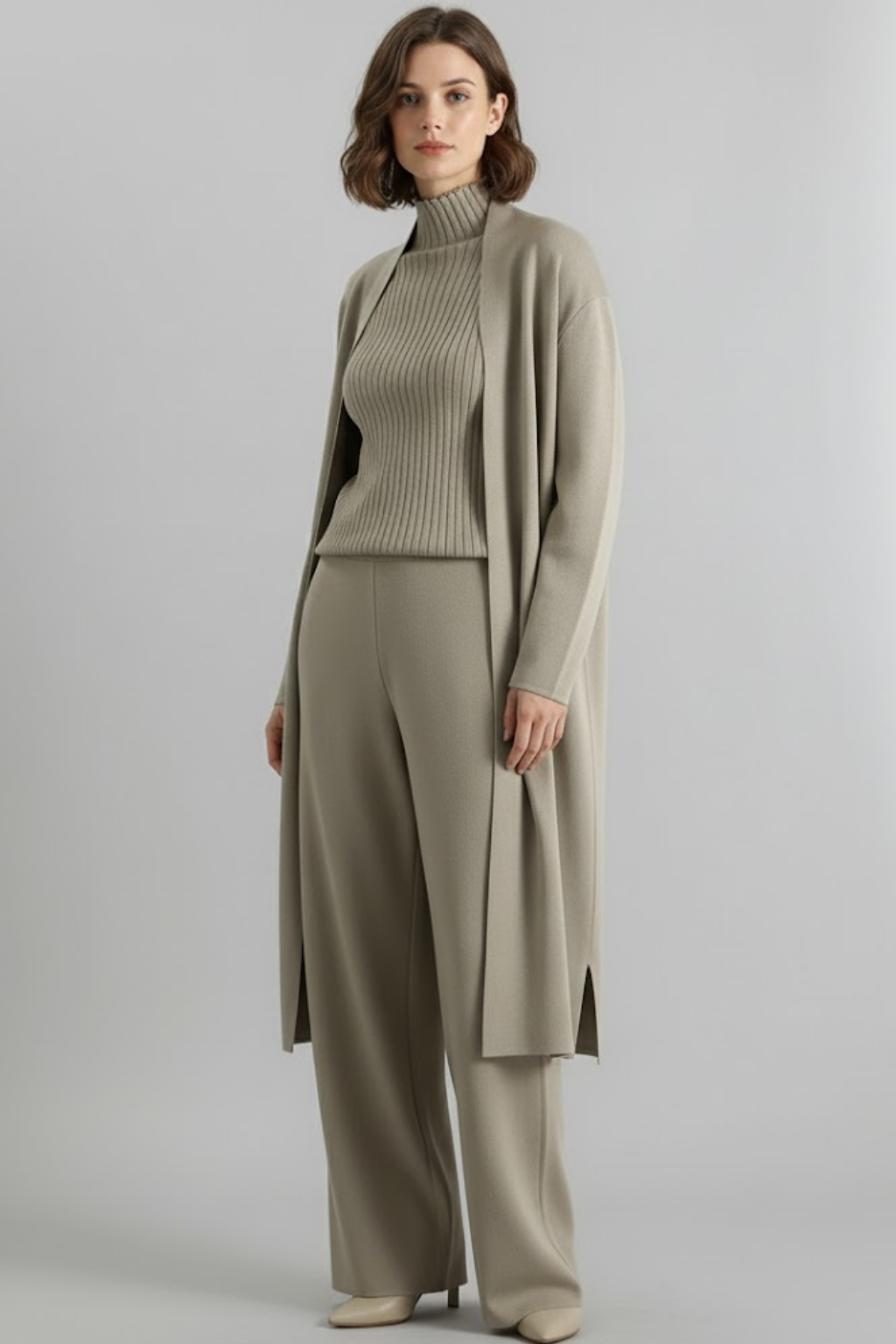 Women's spring three-piece pant set, tailored for workwear, featuring a matching lightweight ensemble