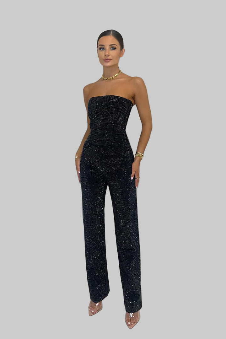 Women's Starlight strapless sequin jumpsuit, glamorous evening wear for special occasions. Sparkle & elegance.