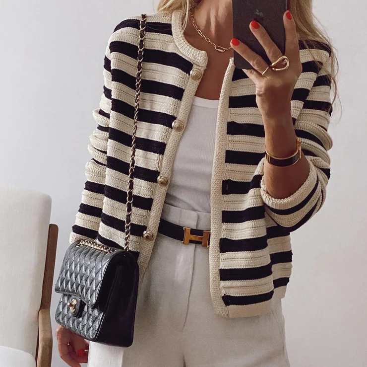 Women's striped button-front cardigan, a casual yet elegant black & white knitwear piece, perfect for layering.