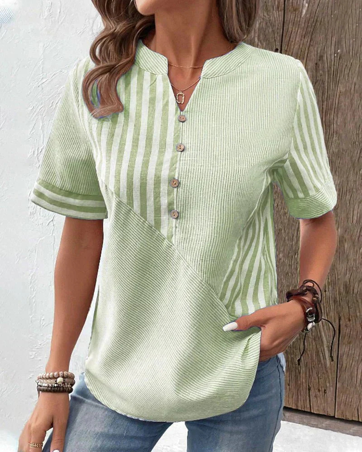 Casual women's blouse: striped, colorblock, half-button, and short sleeve for a chic everyday look.