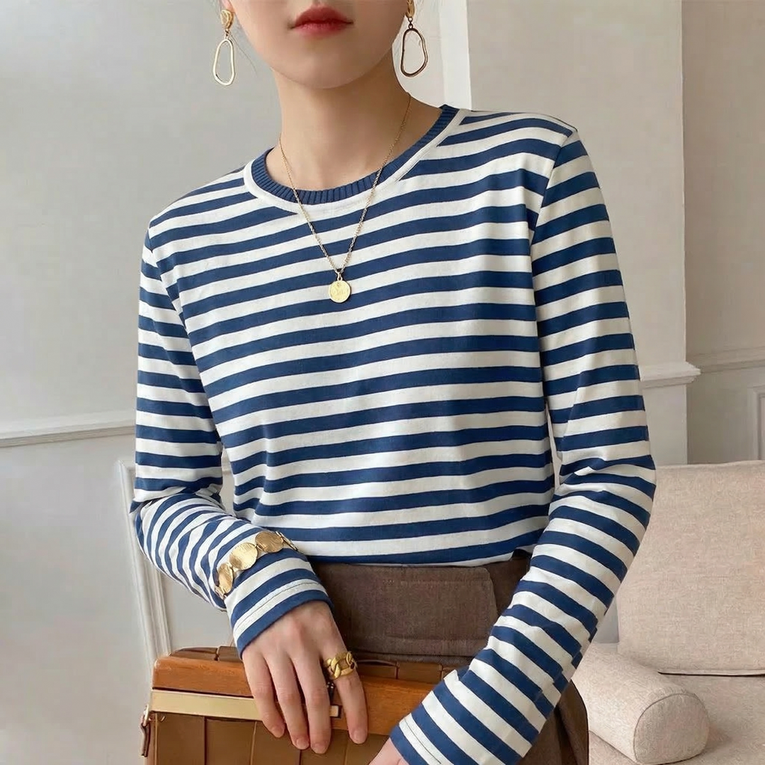 Women's striped cotton long sleeve t-shirt, soft & comfortable casual tee for versatile everyday wear.