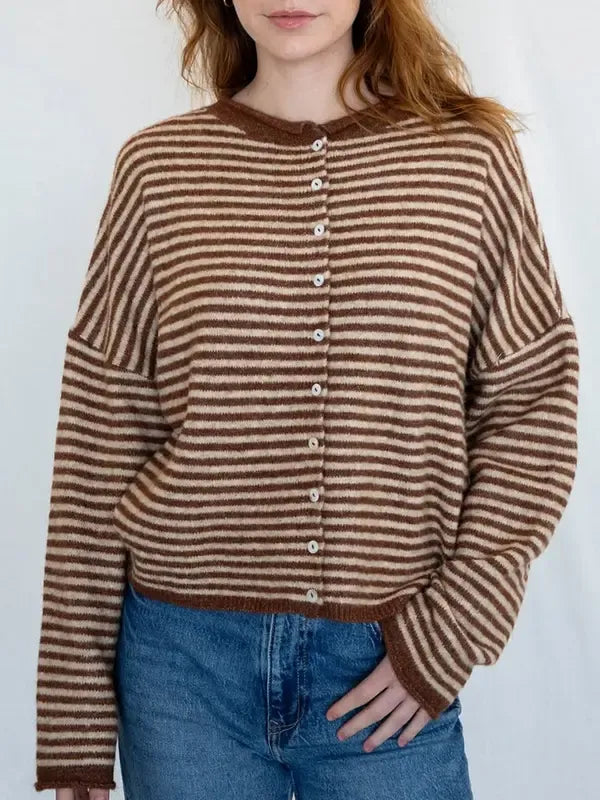 Lightweight knit women's cardigan with a striped design and functional front buttons