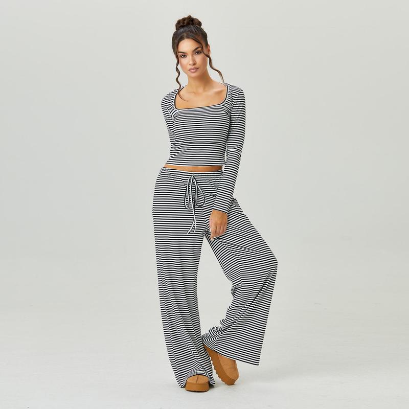 Women's striped jersey lounge set with a square neck top and wide-leg pants, ideal for comfortable casual wear.