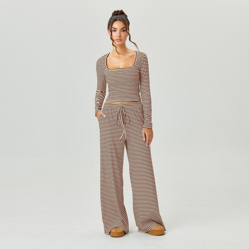 Casual women's stretch jersey lounge set, striped, with a square neck top and fashionable wide-leg pants.