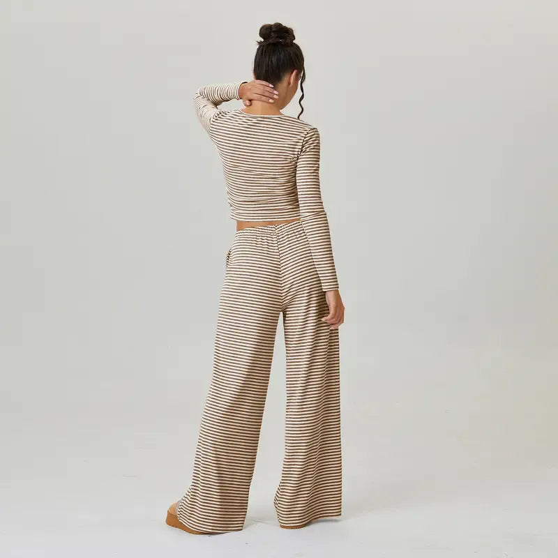 Striped jersey women's lounge set; a two-piece ensemble with a flattering square neck and wide-leg silhouette.