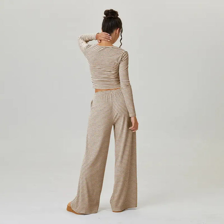 Striped jersey women's lounge set; a two-piece ensemble with a flattering square neck and wide-leg silhouette.