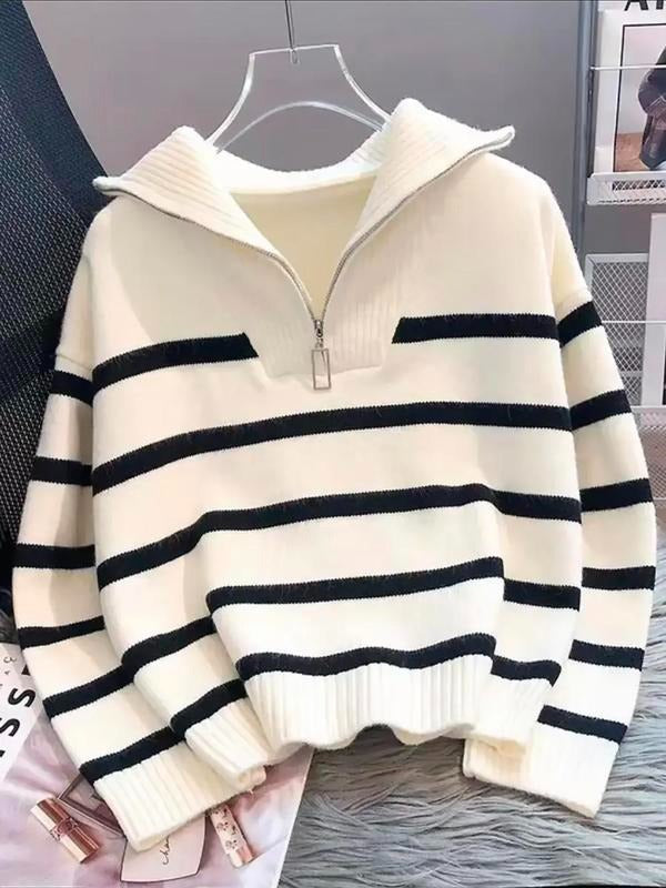 Women's striped knit half-zip sweater, cotton blend, ideal for casual wear, front view